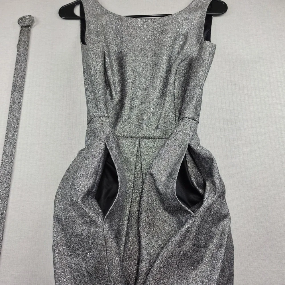 WHBM NWT Grey Metallic Sleeveless Belted Tulip Dress Pockets Sz 2 Cocktail Glam - Picture 9 of 13